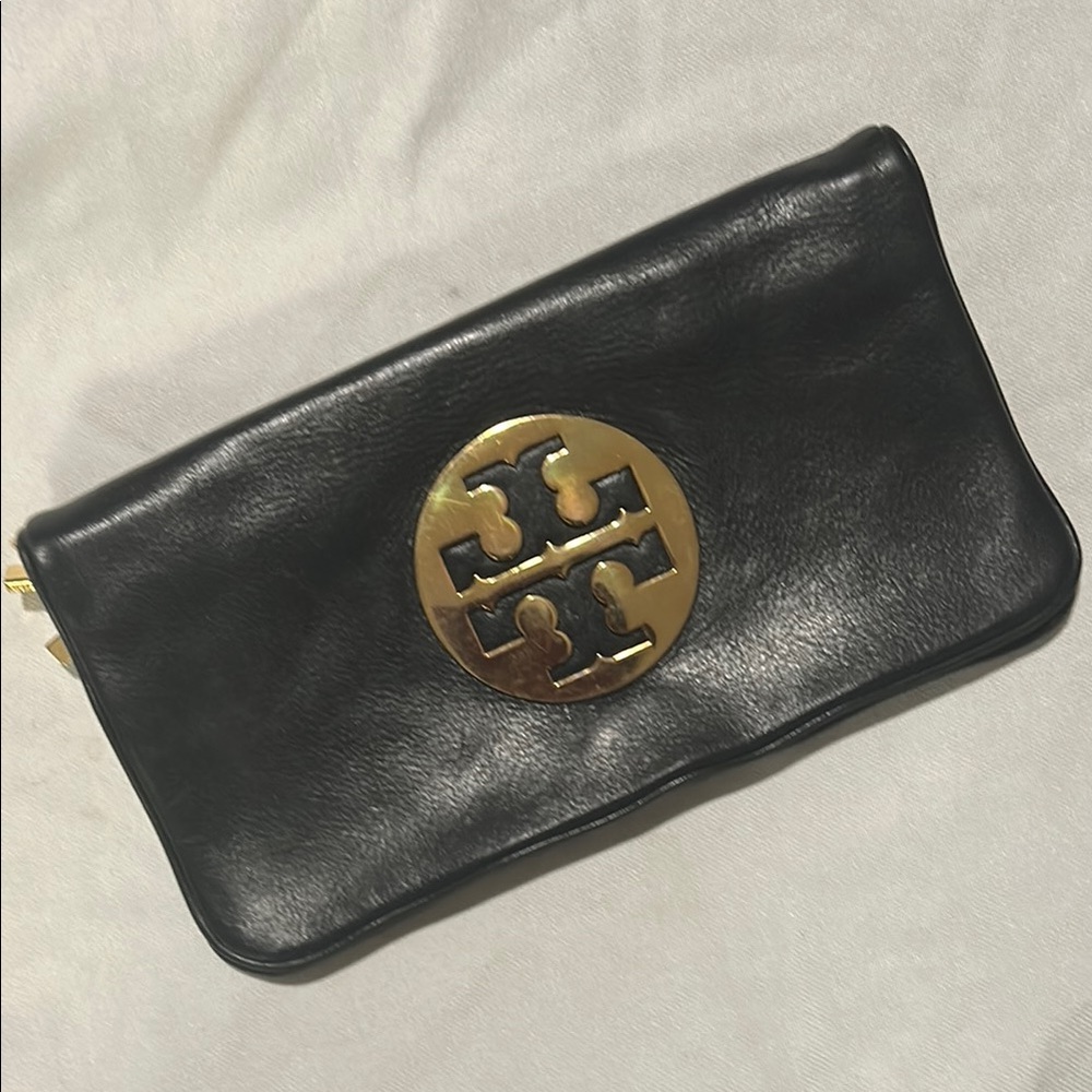 TORY BURCH Reva Black Clutch with Gold Accents